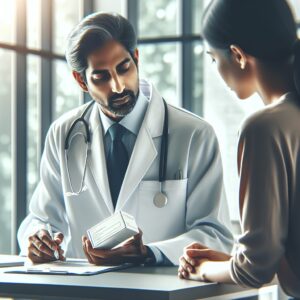 A doctor in a modern clinic discussing a medical form with a female patient, while holding a medication box labeled 'Topiramate'. The setting should be light and professional, symbolizing trust and informed medical advice.