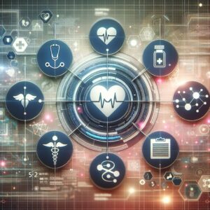 A futuristic digital interface representing a personal health record system, with medical icons like a stethoscope, heart rate monitor, and vaccination record, set against a backdrop of a digital network grid, symbolizing the interconnectedness of healthcare data.