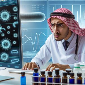 An illustration showing a concerned healthcare professional looking at data on a computer screen in a laboratory, with bacteria and medical charts in the background, symbolizing the rise of meningitis cases.