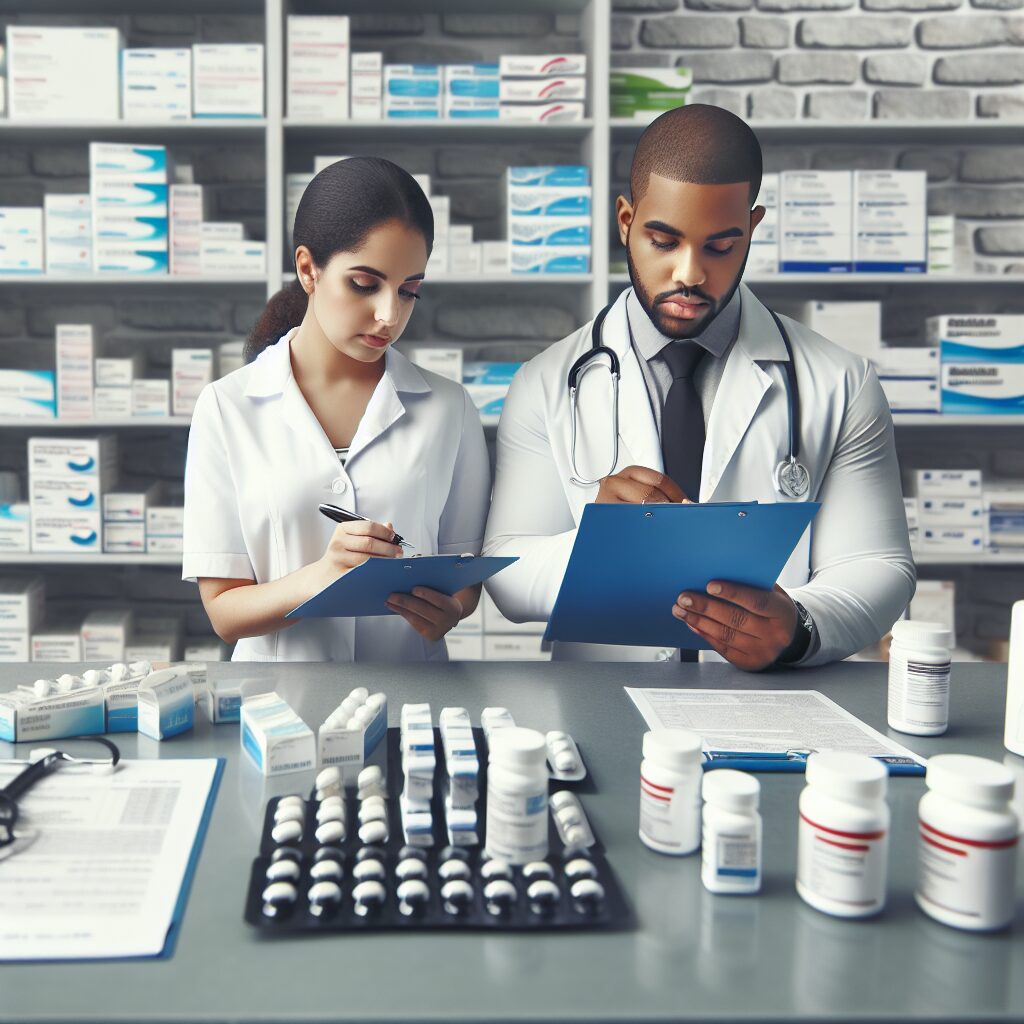 A pharmacy counter with a pharmacist checking a prescription and a pharmacist holding a document, with diabetes medication packages on display in the background. The scene should convey a sense of strict control and regulation, symbolizing the measures put in place by the Assurance Maladie.