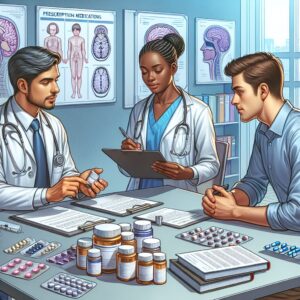 A visually engaging depiction of medical professionals discussing epilepsy treatments, with a focus on prescription medications and patient consultations in a clinical setting.