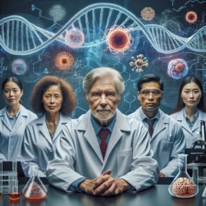 A 72-year-old man surrounded by a scientific team in a laboratory setting, with visuals illustrating genetic sequences and Alzheimer-related symbols in the background, conveying a sense of mystery and discovery.