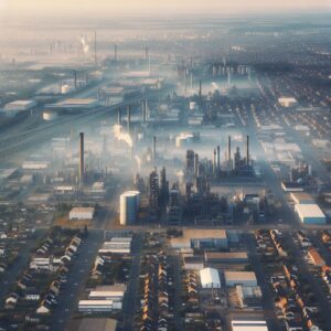 Illustration d'une zone industrielle en France vue du ciel, montrant diverses installations industrielles entourées d'habitations, avec une atmosphère légèrement brumeuse suggérant une pollution industrielle. L'image doit transmettre l'idée de proximité entre les zones habitées et les installations industrielles, mettant en avant le défi environnemental et sanitaire.