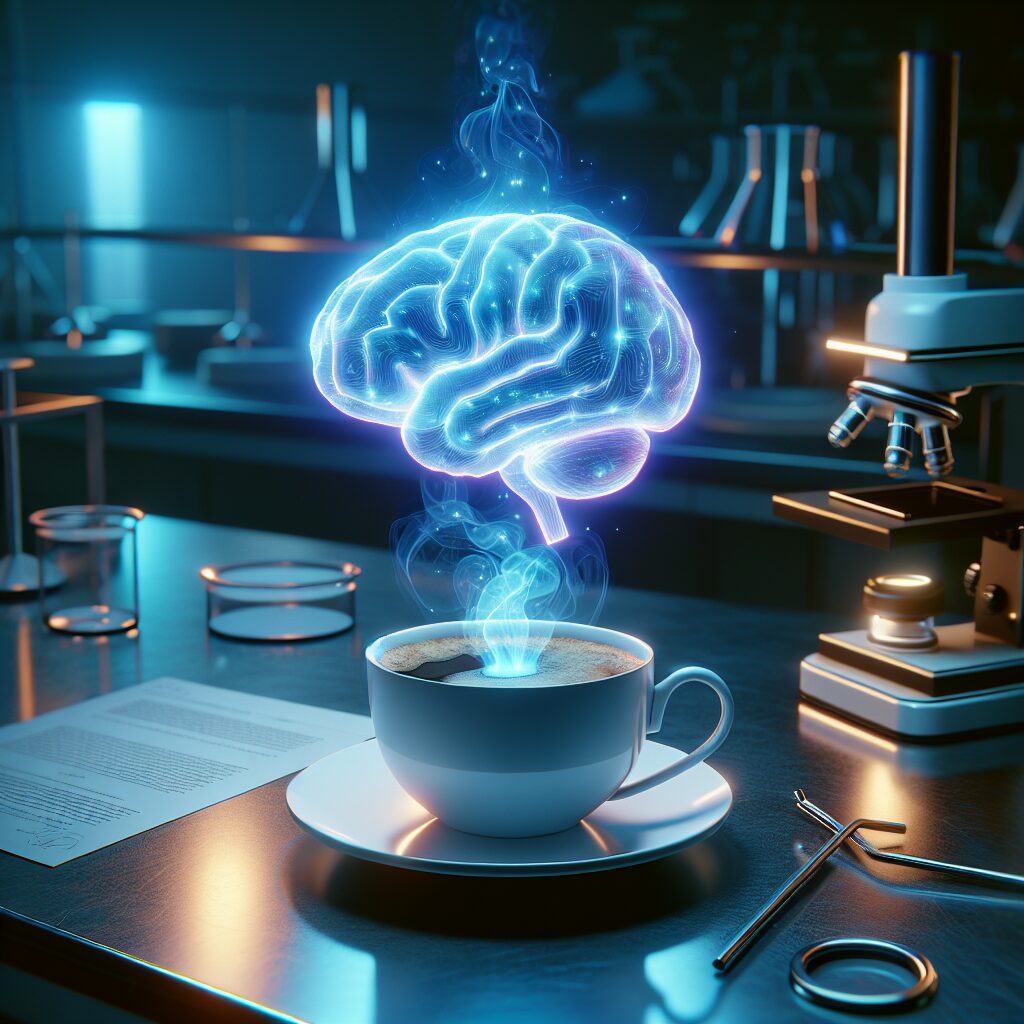 A cup of coffee on a table, with a brain hologram appearing above it, symbolizing the impact of coffee on brain matter. The scene is set in a scientific laboratory with research papers scattered around, capturing a study on the effects of caffeine.