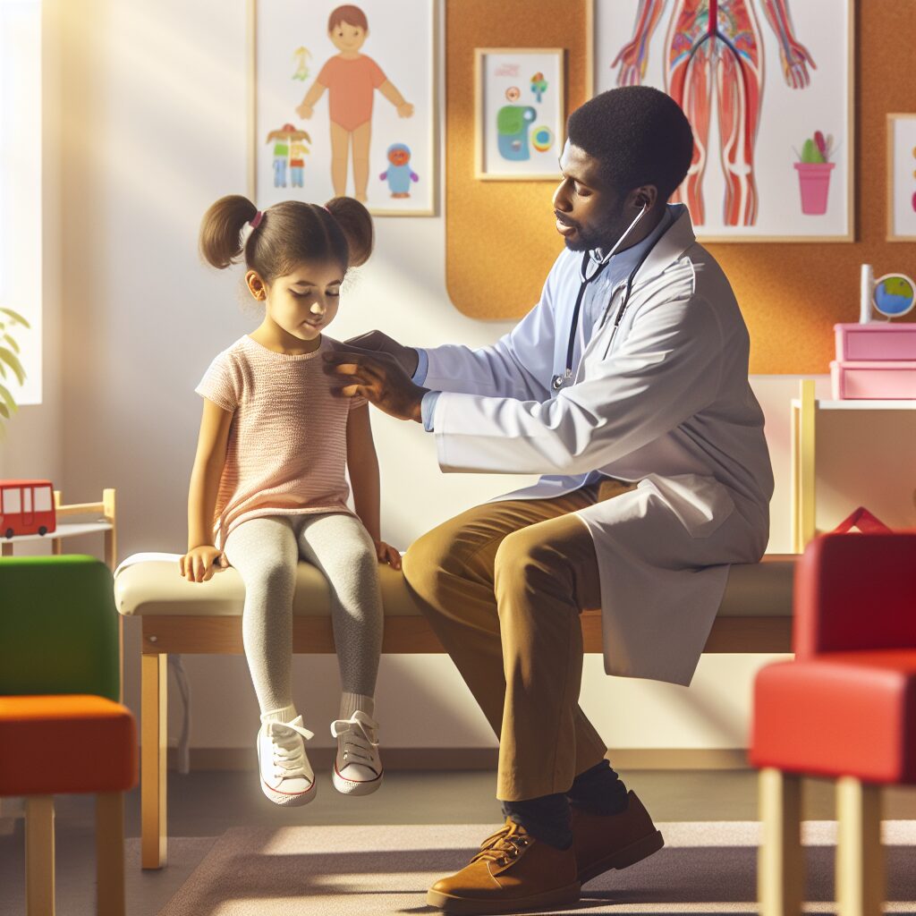 A young child sitting on a doctor's examination table with a friendly pediatrician conducting a health check, surrounded by colorful educational posters, in a bright and cheerful medical office setting representing children's healthcare.