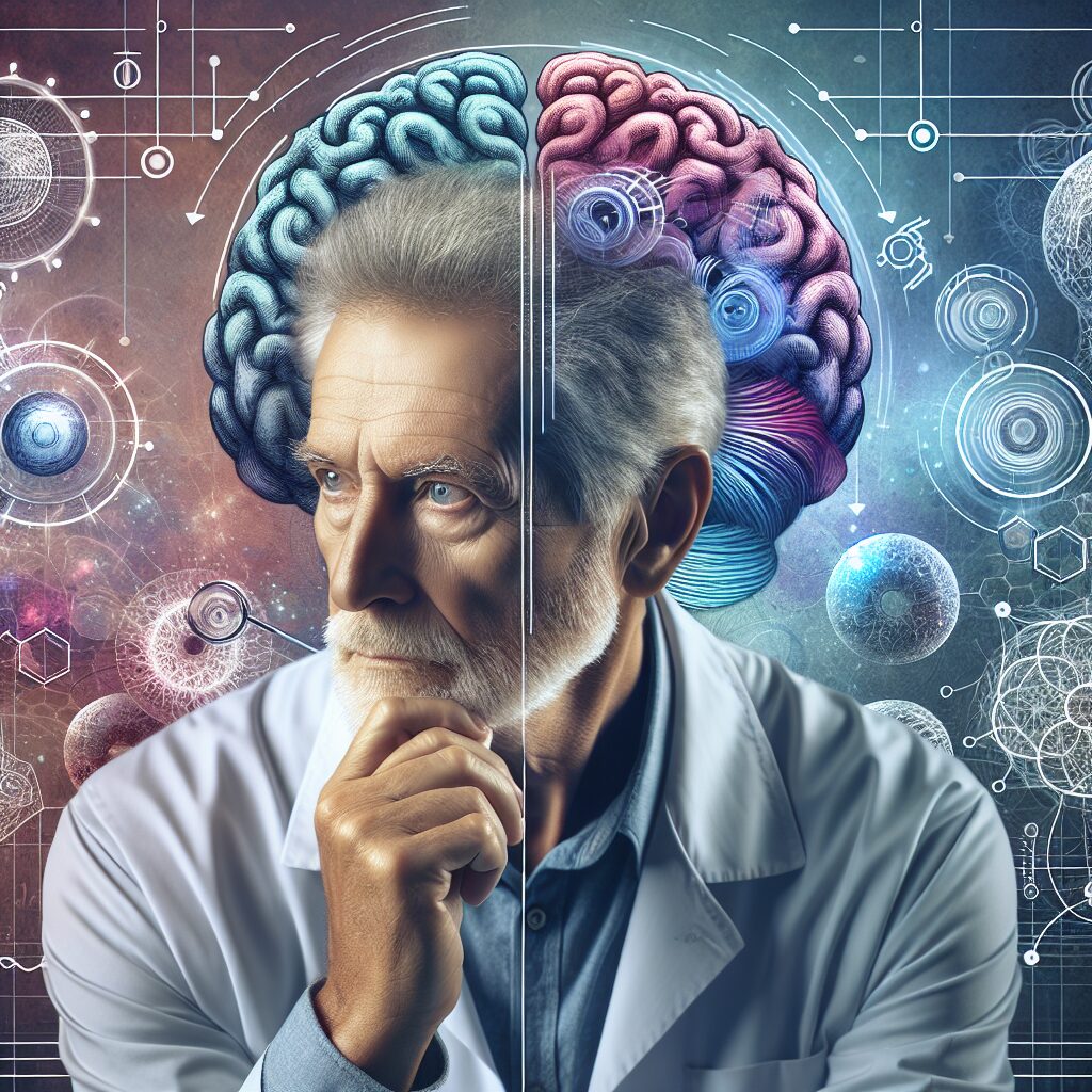 A 72-year-old man with a thoughtful expression, surrounded by scientific symbols and brain diagrams, symbolizing the mystery of Alzheimer's resistance.