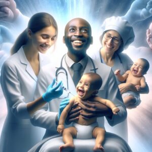 A diverse group of infants with happy expressions, representing different ethnic backgrounds, in a serene medical setting, with a healthcare professional administering a vaccination. The scene conveys care, protection, and a hopeful future.