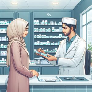 Illustration of a pharmacist handing a medication with a prescription form in a modern pharmacy.