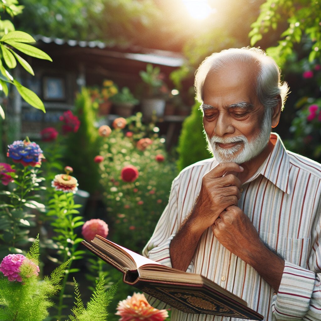 An elderly man with a thoughtful expression, standing in a sunny garden, surrounded by lush greenery and colorful flowers. He holds a book in his hands, symbolizing knowledge and mystery.