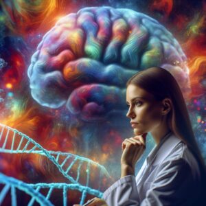 A pensive scientist analyzing a complex DNA sequence with an abstract representation of a brain in the background, symbolizing the enigmatic resistance to Alzheimer's.