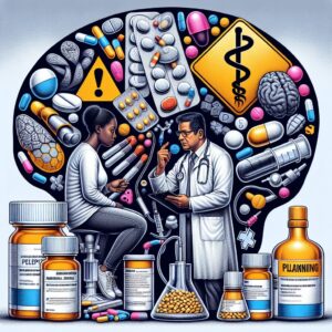 A detailed medical illustration depicting various medications used in epilepsy treatment, focusing on symbols of caution such as warning signs, a neurologist consulting a patient, and the concept of parental planning with an artistic blend of healthcare and family symbols.