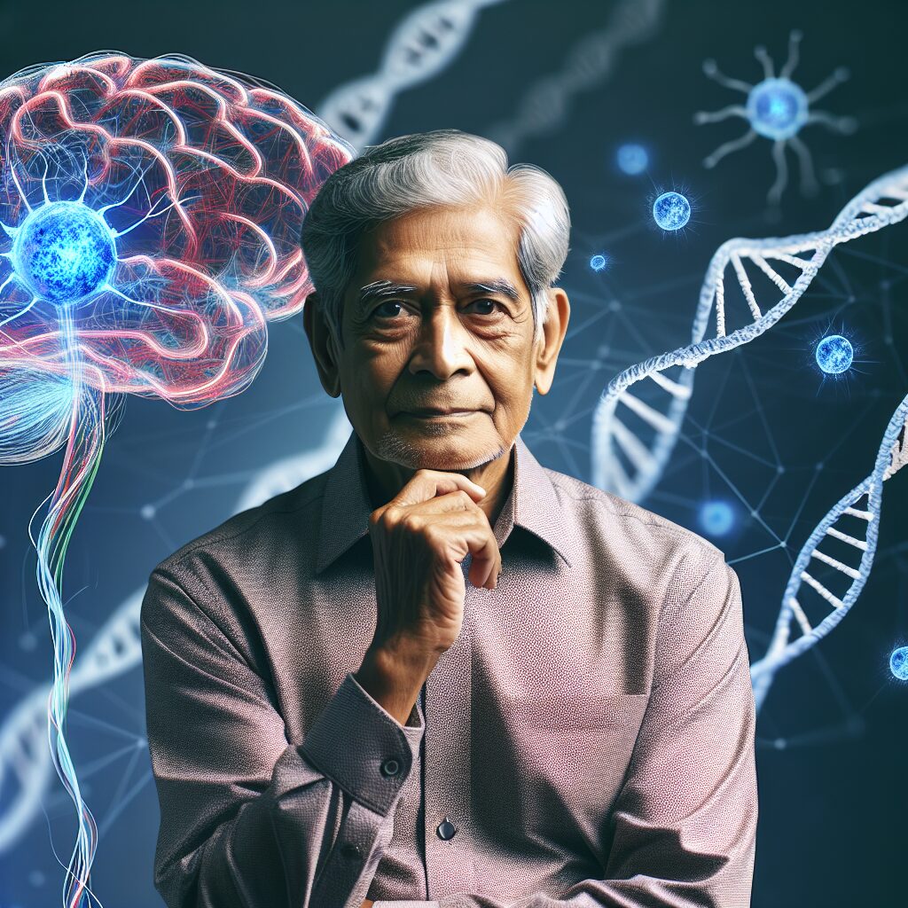 An elderly man standing confidently with a thoughtful expression, surrounded by abstract images representing neurons and DNA strands, symbolizing the mystery of genetics and brain health.