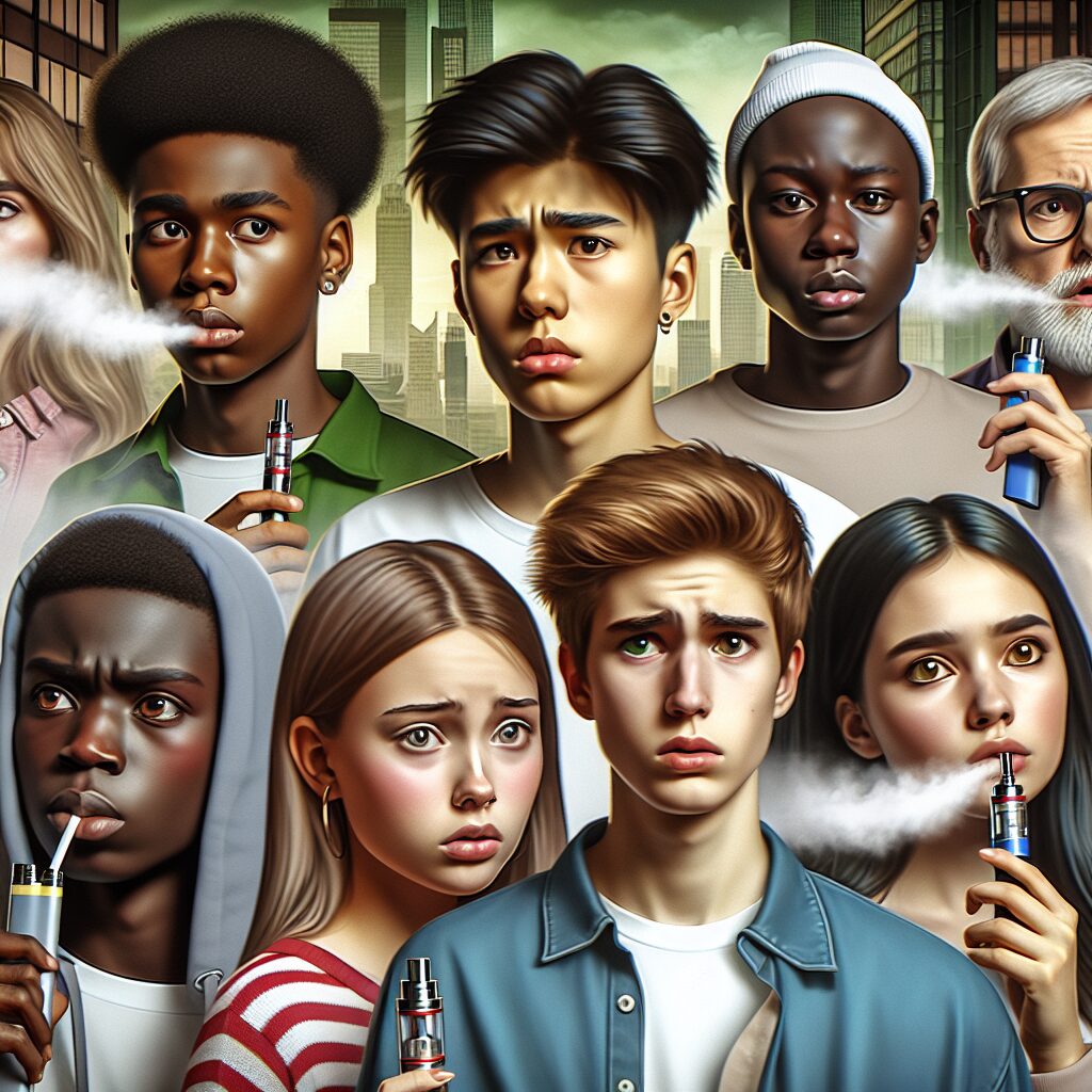 A concerned group of diverse teenagers, both male and female, using electronic cigarettes with worried expressions. The background implies a modern urban setting, subtly suggestive of health risks associated with vaping and synthetic substances like PTC. The image should capture the essence of health risk and youthful experimentation.