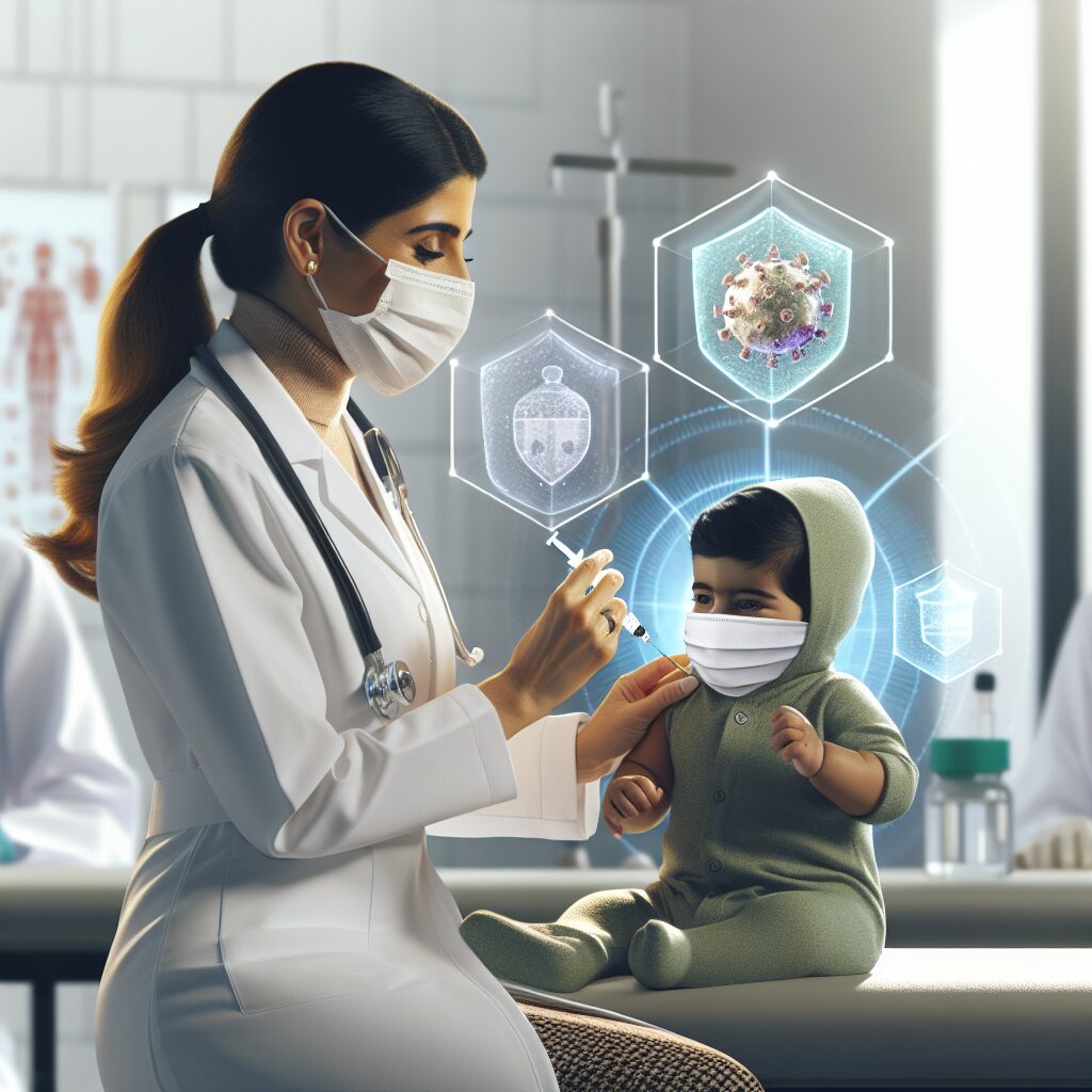 An illustration of a healthcare professional administering a vaccine to a baby, with protective shields symbolizing immunity around them, in a medical clinic setting.