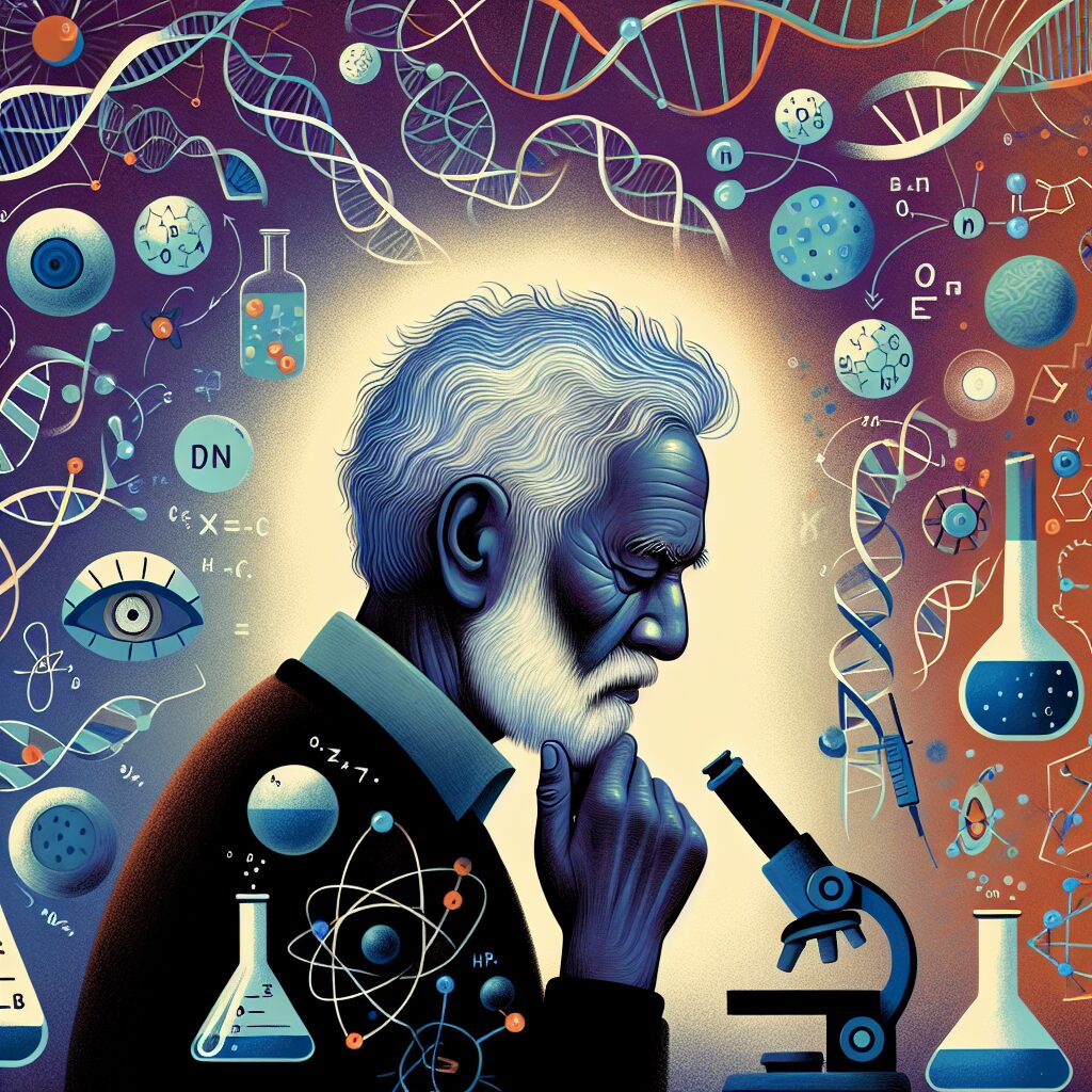 An illustration showing a thoughtful elderly man surrounded by scientific symbols and DNA strands, symbolizing resilience against Alzheimer's disease.