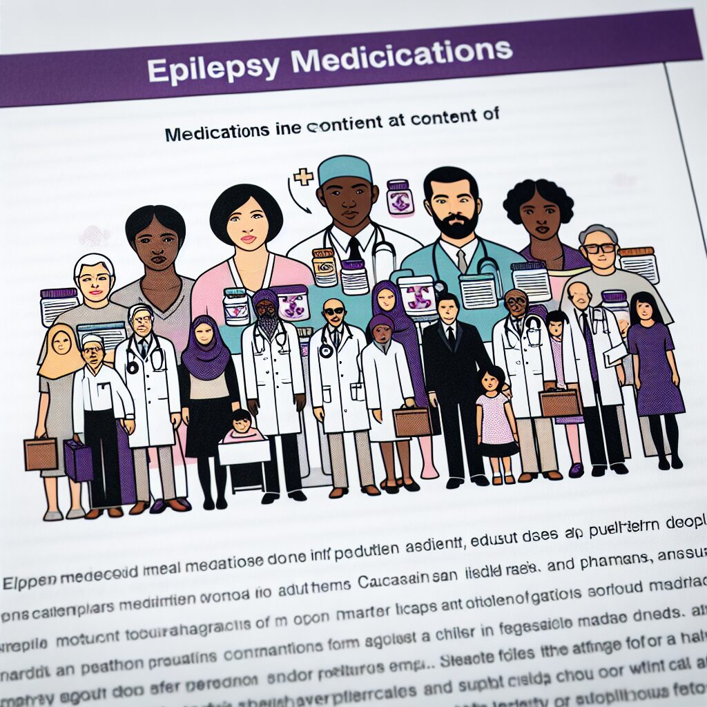 A medical illustration of epilepsy medications with a regulatory document, showing figures of male and female patients - depicting both doctors and pharmacists in a healthcare setting, with an emphasis on safety for future children.