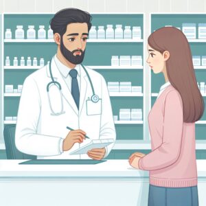 Illustration of a pharmacist in a lab coat speaking to a concerned patient about a shortage of medication at a pharmacy counter, with an empty medicine shelf in the background, depicting a healthcare crisis.