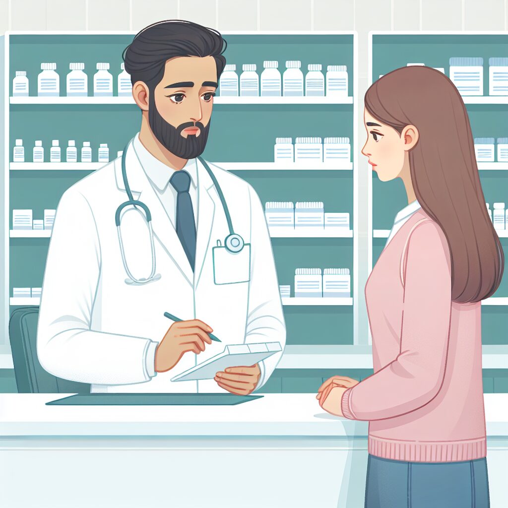 Illustration of a pharmacist in a lab coat speaking to a concerned patient about a shortage of medication at a pharmacy counter, with an empty medicine shelf in the background, depicting a healthcare crisis.