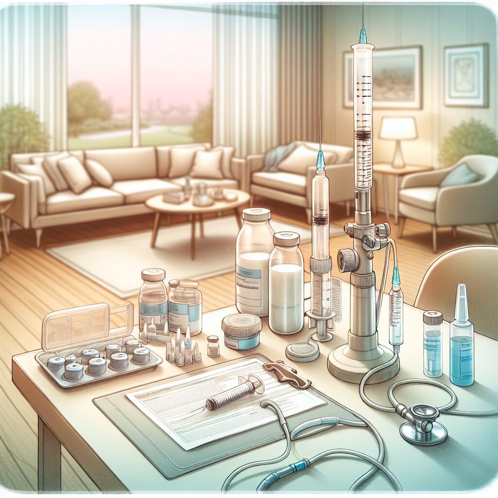 A detailed illustration depicting a discreet, home-based artificial insemination setup, featuring items like syringes and sterile containers, set on a table in a domestic interior, with a soft focus to convey the private and sensitive nature of the topic.