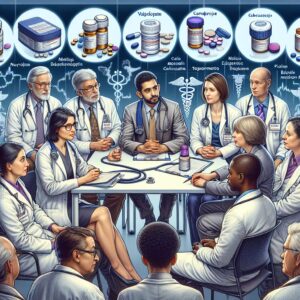 An informative and detailed illustration featuring diverse medical professionals discussing epilepsy treatment changes, including neurologists and patients, with modern medical equipment in a clinical setting. Background elements should represent various anti-epileptic medications such as valproate, carbamazépine, and topiramate.