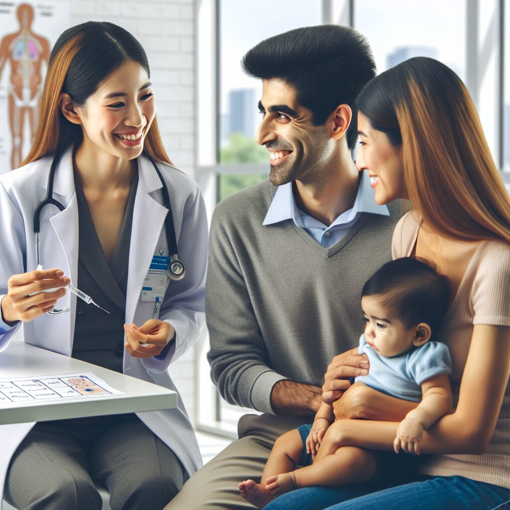 Des parents avec leur bébé chez un pédiatre, discutant de la vaccination. Le pédiatre explique avec un sourire, montrant un schéma de la vaccination contre les méningocoques ACWY et B. Les visages des parents montrent un mélange d'inquiétude et de soulagement, dans un cabinet médical moderne et lumineux.