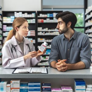 An illustrative image of a pharmacist and a patient discussing medication at a pharmacy counter, focusing on antidiabetic drugs in a healthcare setting.