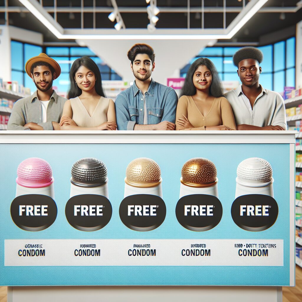 A pharmacy display showcasing a variety of condom brands, with prominent signage advertising free availability of Éden Perlés for youths under 26. The image should include a diverse group of young adults, looking confident and informed, set in a modern, brightly lit pharmacy environment.