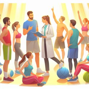 Un groupe de personnes diversifiées en tenue de sport, s'engageant activement dans différentes activités physiques en extérieur, avec un médecin conseillant sur les bienfaits de l'exercice pour la santé. Style lumineux et inspirant.