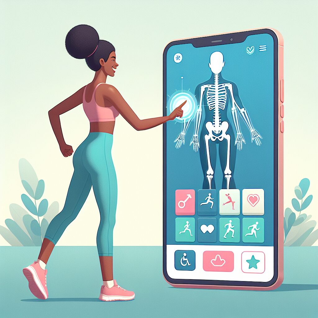 An illustration of a smartphone displaying a wellness app, with visuals of a spine, exercise icons, and a cheerful user engaging with the app, set in a calming pastel background.