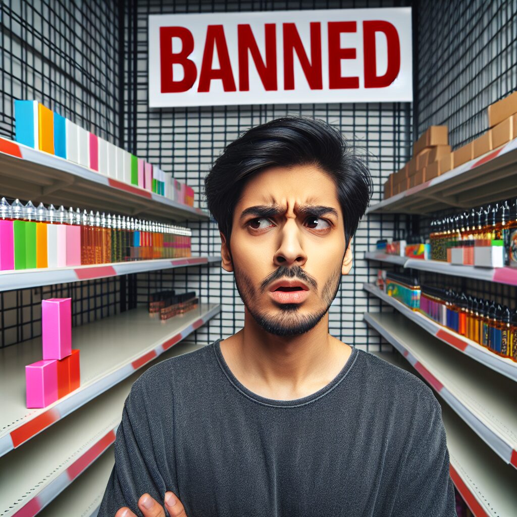 A young adult looking confused in a store aisle, discovering empty shelves where puffs used to be displayed, with a red 'banned' sign prominently visible. The scene is vibrant, highlighting colorful packaging of other vape products juxtaposed against the absence of puffs.