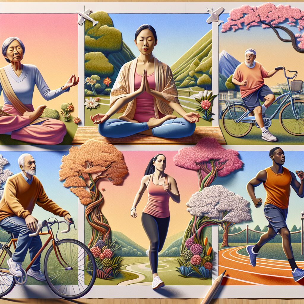 An inspiring and energetic scene depicting diverse group of people of all ages engaged in various physical activities like jogging, yoga, cycling, and aerobics in a park setting with blooming trees, symbolizing health and vitality against chronic diseases.