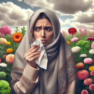 An illustration of a worried person holding a tissue near blooming flowers, symbolizing pollen allergy, under a partly cloudy sky in early spring.