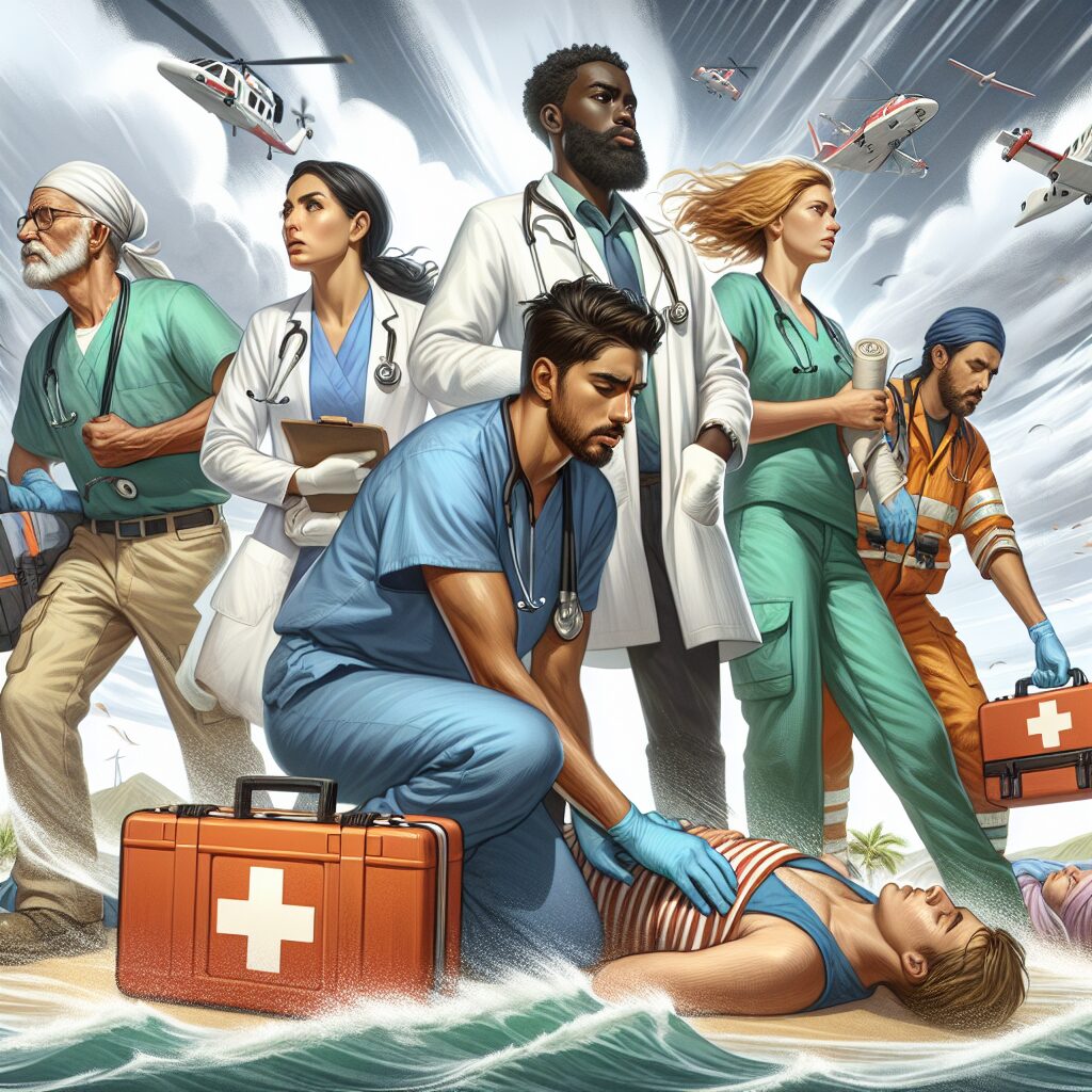 A dynamic illustration showing medical professionals with emergency kits and first-aid supplies assisting people in an island setting with turbulent weather conditions. Highlight the urgency and cooperative effort of the healthcare workers.