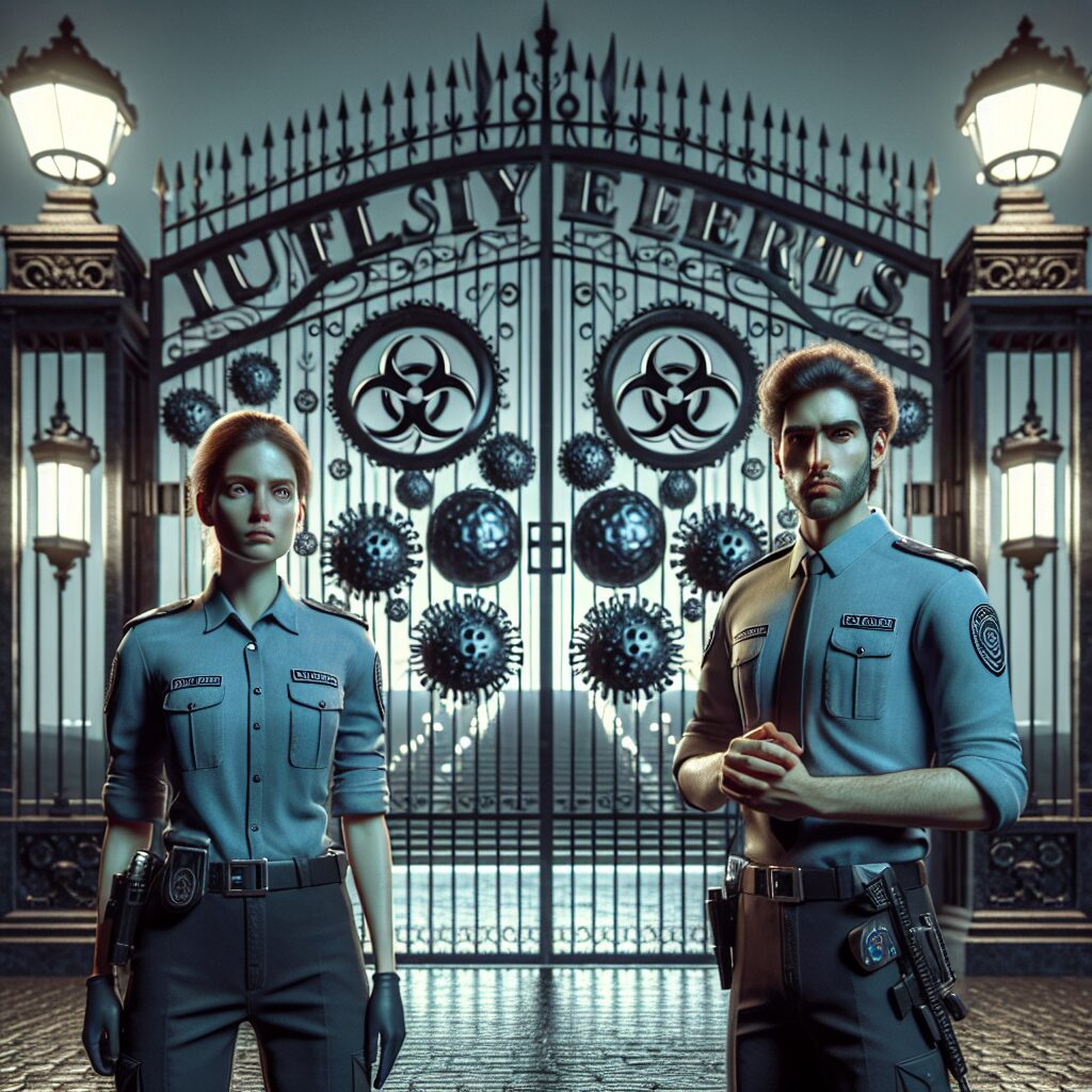 An image depicting security guards at a virology institute gate, symbolic of the secrecy and investigation into the origin of Covid-19.