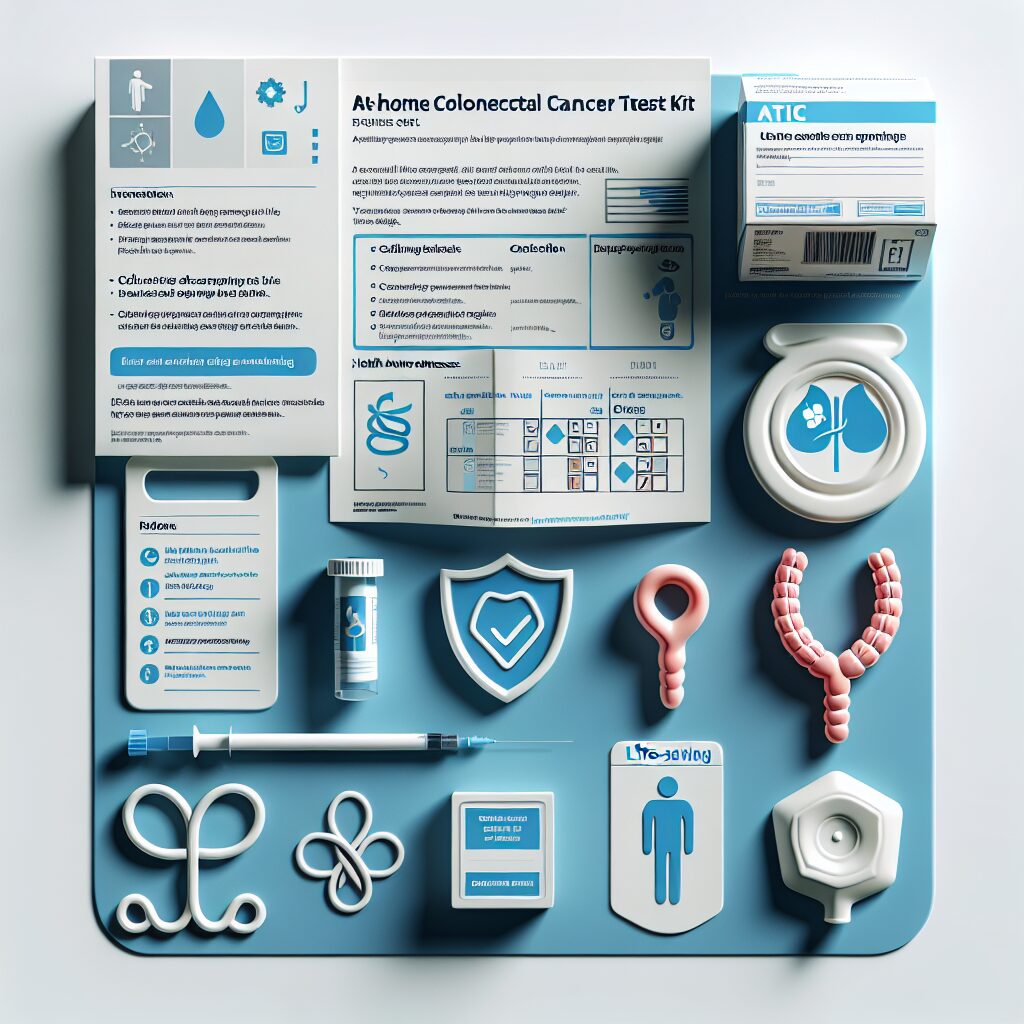 A detailed, informative image showing an at-home colorectal cancer screening test kit, with graphic elements representing ease of use and its life-saving impact, suitable for a health awareness article.