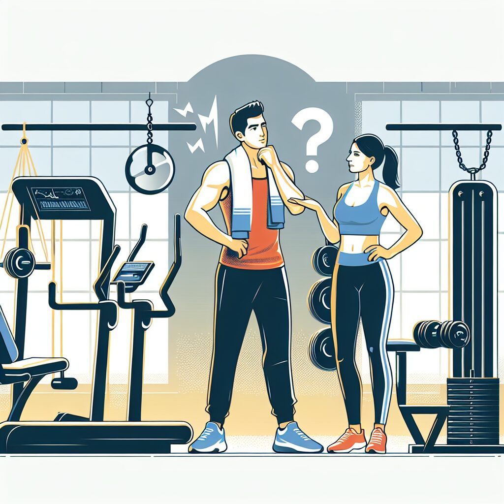 Illustration d'une personne en salle de sport, indécise devant des équipements de cardio et des poids, avec un coach sportif donnant des conseils. Style moderne et dynamique.