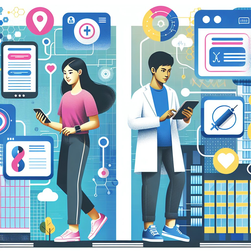 Illustration showing people using a digital health platform on various devices, like smartphones and tablets, in a modern and vibrant setting, emphasizing digital health connectivity and information management.