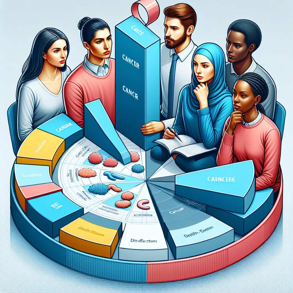 A symbolic representation of rising cancer rates among young adults, depicting a bar graph with various cancer types, surrounded by young adults contemplating the statistics, in a scientific and educational style.