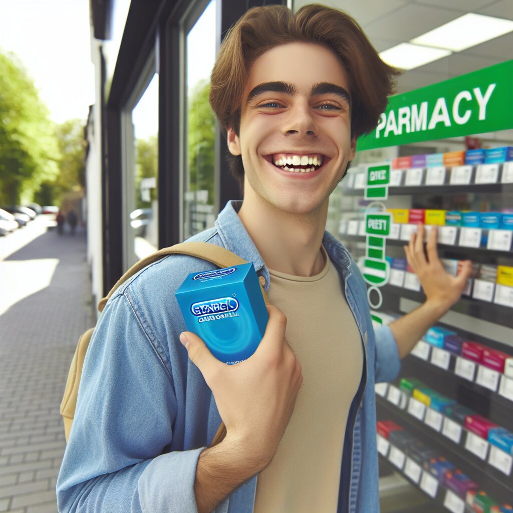 Un jeune adulte heureux quittant une pharmacie avec une boîte de préservatifs Éden Perlés, le tout dans une scène lumineuse et positive symbolisant la santé publique et l'accessibilité des soins.