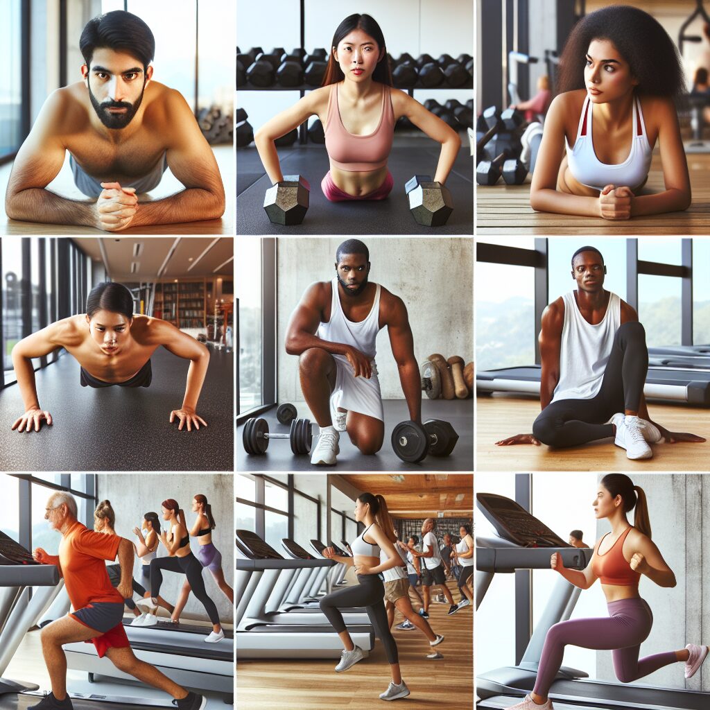 A diverse group of people with varying body types enjoying different physical activities in a supportive gym environment, capturing the spirit of inclusion and empowerment.