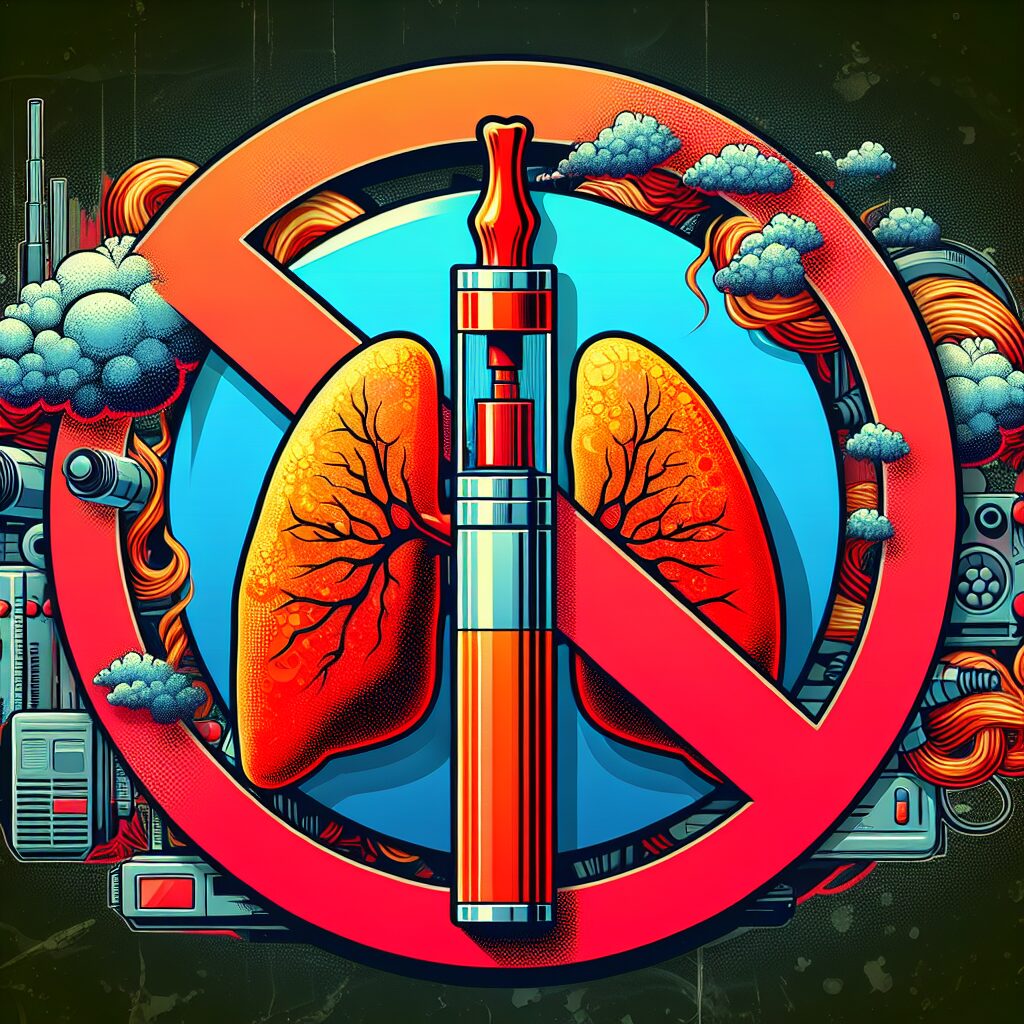 Illustration of a colorful disposable electronic cigarette (puff) being crossed out with a red circle, symbolizing prohibition, in a background representing both health concerns and environmental impact.