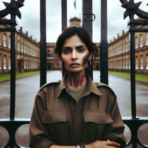 A determined individual with a chronic illness, standing at the gates of a military base, a mixture of hope and concern on their face, symbolizing the struggle and determination to join service professions despite health challenges.