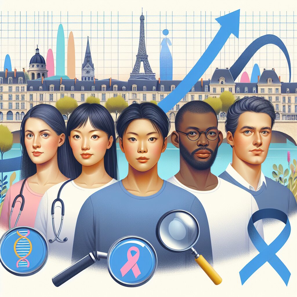 An illustration showing young adults with various health symbols, like DNA helices, magnifying glass, and cancer awareness ribbons, set against a backdrop of France, with a graph showing an upward trend.