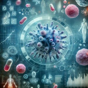 Illustration médicale montrant des cellules cancéreuses avec des graphiques de statistiques en arrière-plan représentant l'augmentation des cancers chez les jeunes adultes en France.