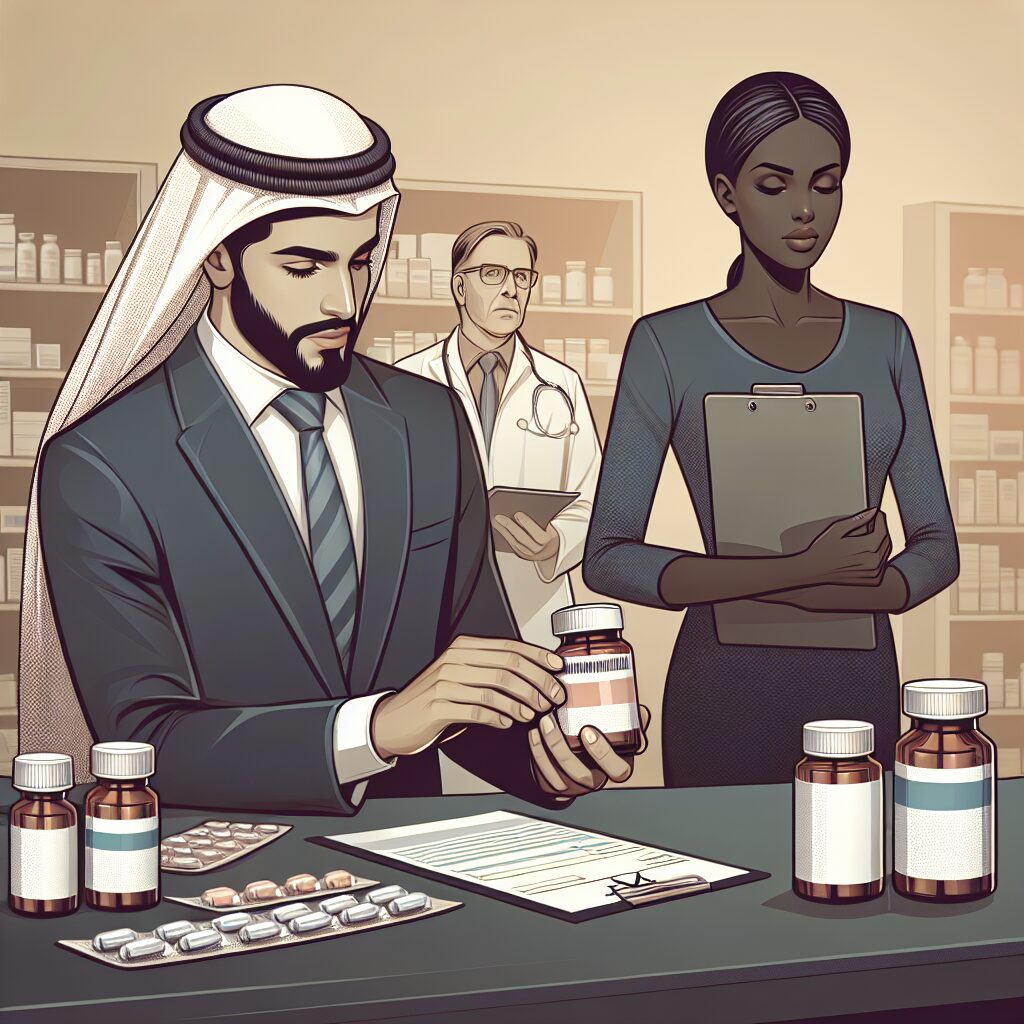 Une illustration représentant un pharmacien ajustant une prescription pour des médicaments, avec des flacons d'antidiabétiques sur le comptoir, en arrière-plan un patient tenant un formulaire justificatif. Ambiance sérieuse et professionnelle.