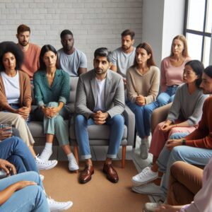 A diverse group of people, including various ages and ethnicities, sitting in a circle in a peaceful therapy room, engaging in a supportive discussion with a psychologist. They look relaxed and at ease, representing accessibility to mental health support.