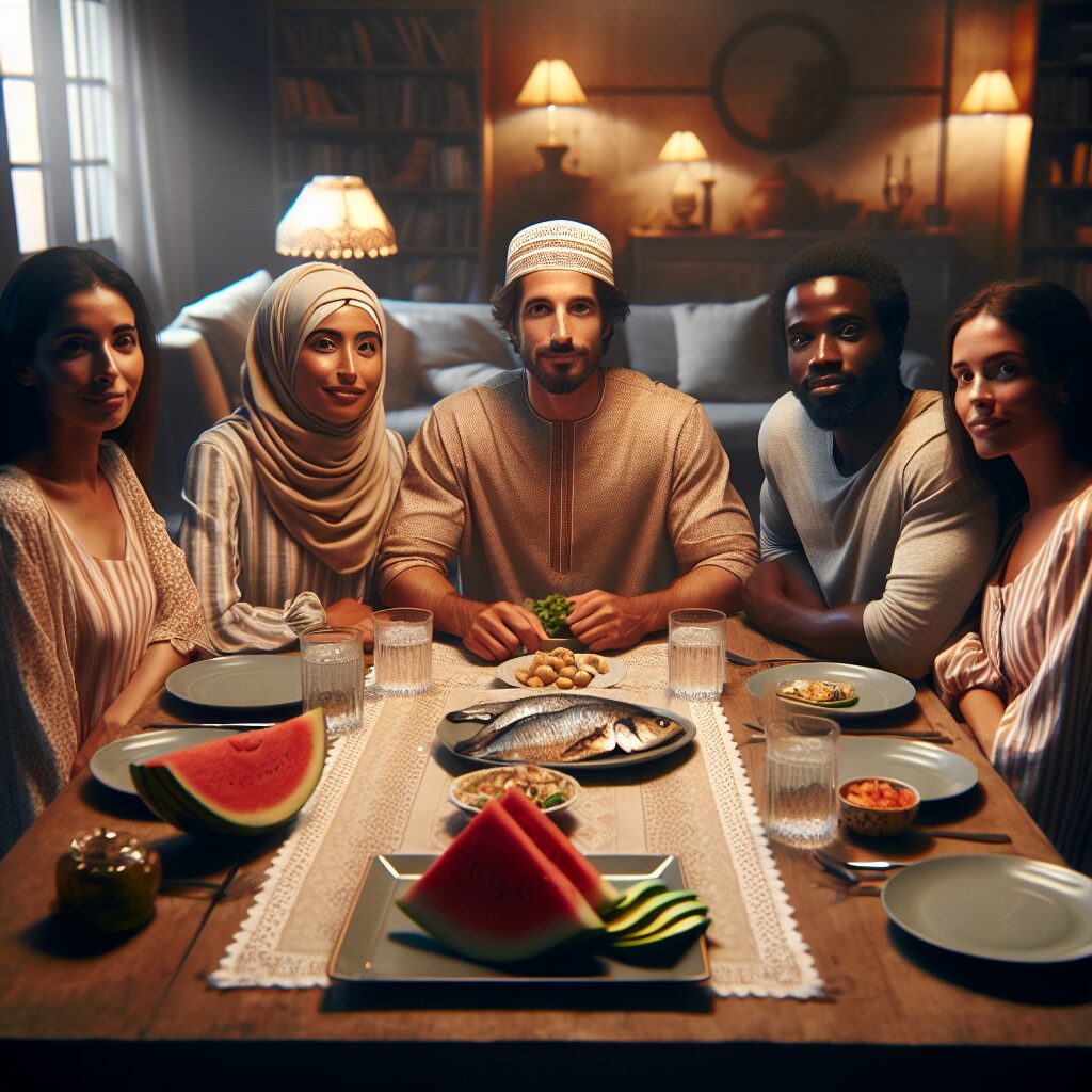 A group of diverse people sitting together at a table enjoying a healthy and balanced Iftar meal, with dishes rich in proteins, healthy fats, and hydrating foods, against a background that represents a warm and inviting home atmosphere during Ramadan.