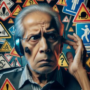 Elderly person with a hearing aid looking concerned, surrounded by warning signs, representing the risks of hearing aid scams in a medical context.