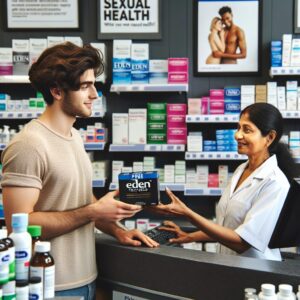 Une scène dans une pharmacie où un jeune adulte récupère une boîte de préservatifs "Éden Perlés" gratuits au comptoir, entouré d'affiches sur la santé sexuelle et la prévention des IST.