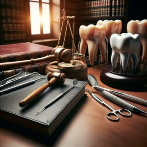 A solemn courtroom scene with a gavel and dental tools on a table, symbolizing a legal case concerning dental malpractice. The atmosphere conveys seriousness and justice.